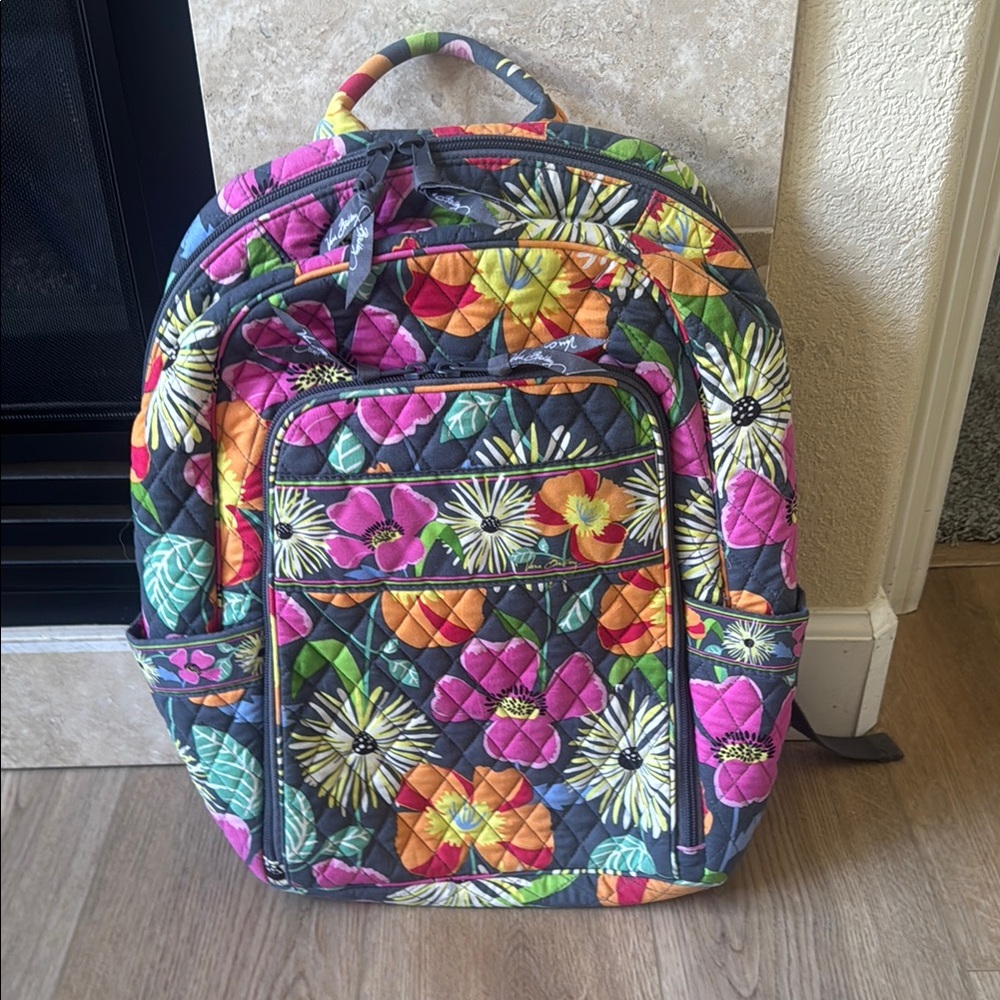 Gray and Pink Quilted Backpack with Floral Design